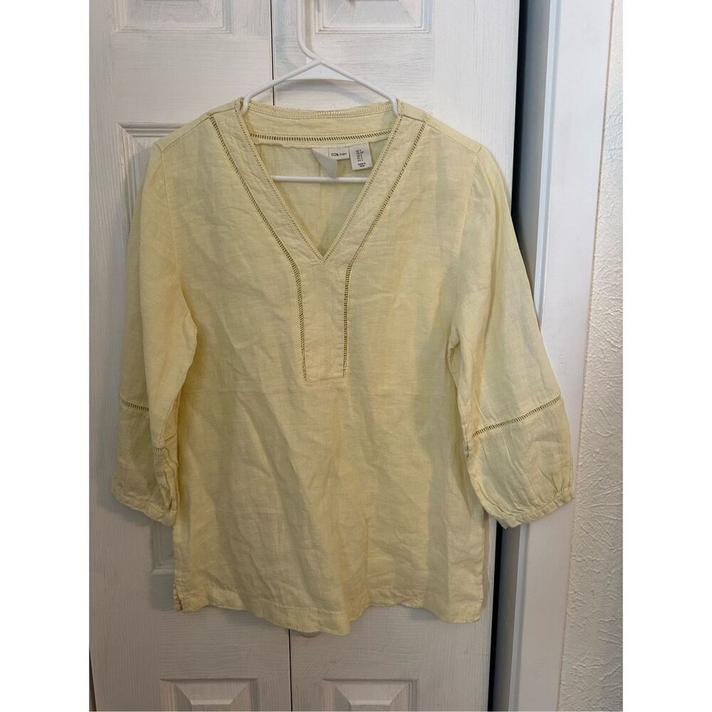 Joie Embroidered V-Neck 3/4 Sleeve 100% Linen Top Yellow Size Small